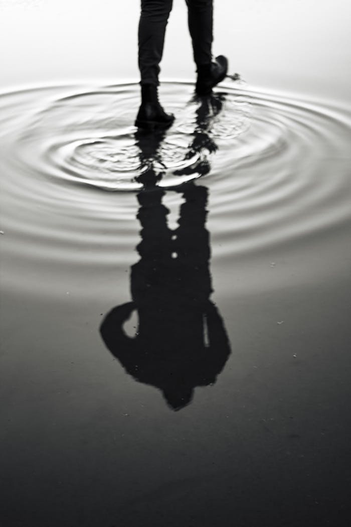 Silhouette reflected in rippling water, creating artistic symmetry.